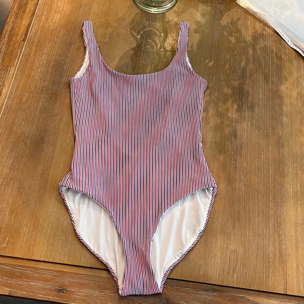 Onia Red, White & Blue Pinstripe Scoop One-Piece